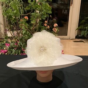 Elegant White Satin Ribbon Women's Hat with Off White Floral Accent